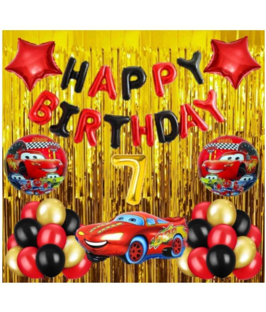     			Blooms  Mall  1 set Happy Birthday Foil (Black & Red   Color) 30 Pcs Metallic Balloons (Golden +Black+Red )+ 5 pcs super cool  Racing Car set with 2 fringe Curtain (Golden ),6 No.. Foil Number Golden