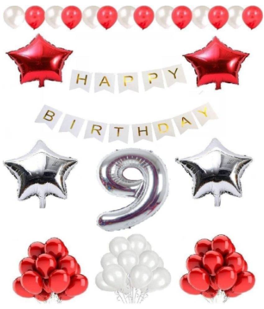     			Blooms  Mall  1 set Happy Birthday Banner (White  Color), 2 pcs red foil star + 2 pcs silver star foil, 50 Pcs Metallic Balloons (Red & Silver ),9 No. Foil Number Silver