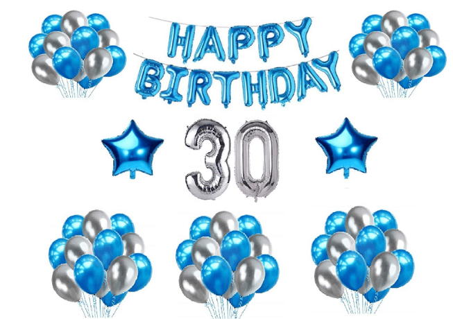     			Blooms  Mall  1 set Happy Birthday Foil  (Blue Color), 2 pcs Blue  foil star, 30 Pcs Metallic Balloons (Blue & Silver),  30 No. Foil Number Silver
