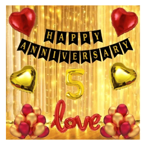     			Blooms  Mall  1 set Happy Anniversary  Banner (Black   Color),2 pcs red foil star + 2 pcs Golden  star foil, 30 Pcs Metallic Balloons (Red & Golden  ),7 No. Foil Number Golden  + 1 red 'LOVE" Foil Balloon
