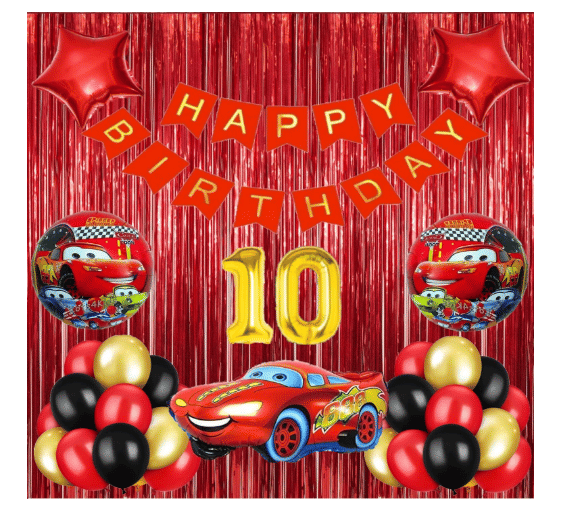     			Blooms  Mall  1 set Happy Birthday Banner (Red   Color), 30 Pcs Metallic Balloons (Golden +Black+Red )+ 5 pcs super cool  Racing Car set with 2 fringe Curtain (Red ),10 No. Foil Number Golden