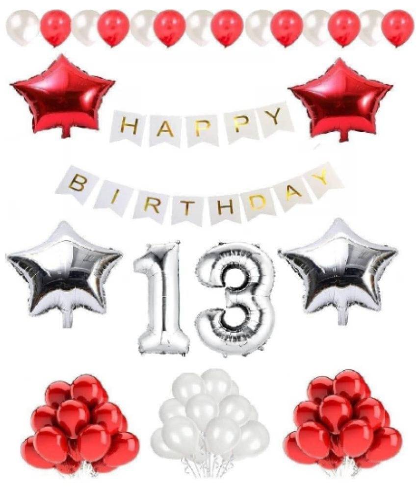     			Blooms  Mall  1 set Happy Birthday Banner (White  Color), 2 pcs red foil star + 2 pcs silver star foil, 50 Pcs Metallic Balloons (Red & Silver ),13No. Foil Number Silver
