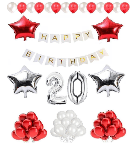     			Blooms  Mall  1 set Happy Birthday Banner (White  Color), 2 pcs red foil star + 2 pcs silver star foil, 50 Pcs Metallic Balloons (Red & Silver ),20 No. Foil Number Silver