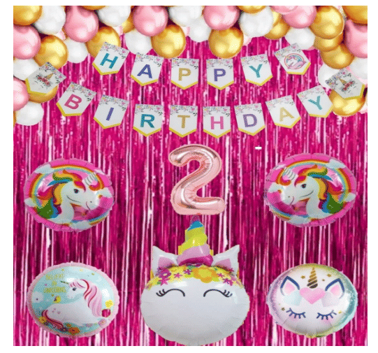     			Blooms  Mall  1 set Happy Birthday Banner (Unicorn shape),2 pcs pink  fringe Curtain + 5 pc Unicorn Foil Balloon Set + 30 Pcs Metallic Balloons ( Pink , White & Gold),4 No. Foil Number Rose gold