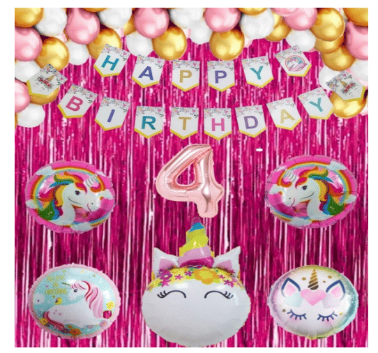     			Blooms  Mall  1 set Happy Birthday Banner (Unicorn shape),2 pcs pink  fringe Curtain + 5 pc Unicorn Foil Balloon Set + 30 Pcs Metallic Balloons ( Pink , White & Gold),4 No. Foil Number Rose gold