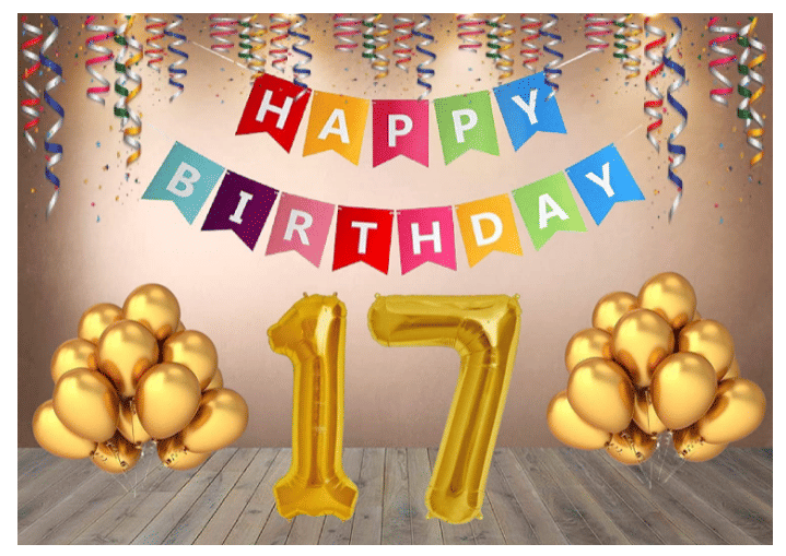     			Blooms  Mall  1 set Happy Birthday Banner (Multi color  Banner ), 30 Pcs Metallic Balloons  (Gold), 17 No. Foil Number ( Golden )