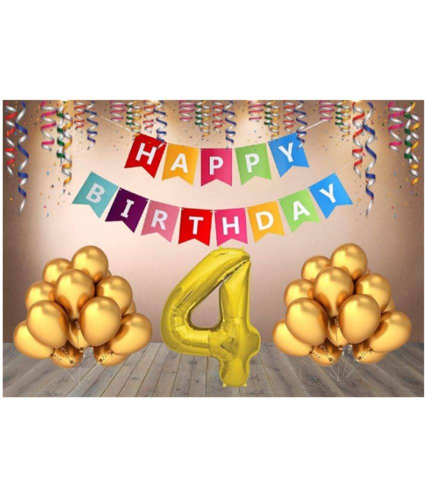    			Blooms  Mall  1 set Happy Birthday Banner (Multi color  Banner ), 30 Pcs Metallic Balloons  (Gold),4 No. Foil Number ( Golden )
