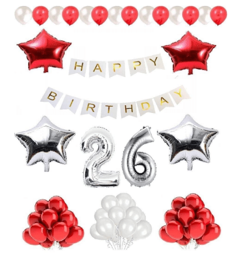     			Blooms  Mall  1 set Happy Birthday Banner (White  Color), 2 pcs red foil star + 2 pcs silver star foil, 50 Pcs Metallic Balloons (Red & Silver ),26  special  No. Foil Number Silver