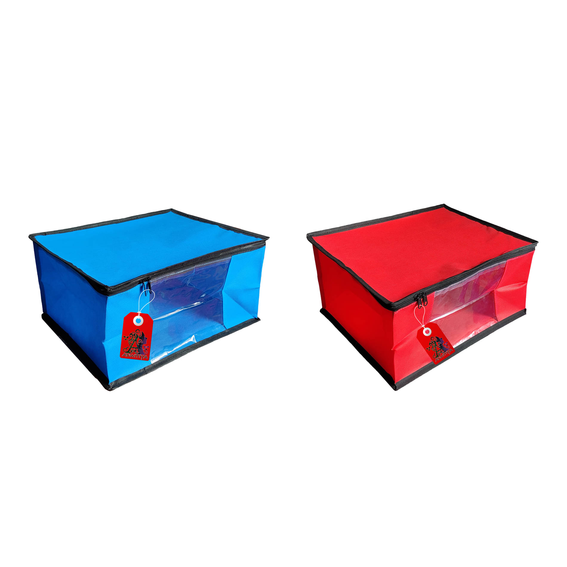     			ADWITIYA – Set of 2 – Black Border Nonwoven Large Saree Cover / Organizer For Clothes / Garment Storage Bag With Zip - Blue & Red