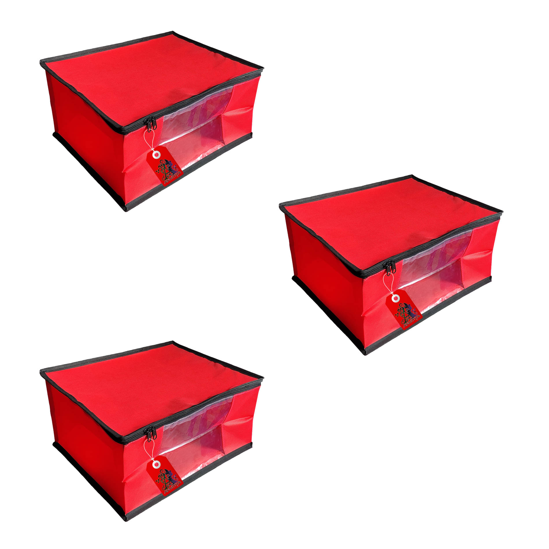 ADWITIYA – Set of 3 – Black Border Nonwoven Large Saree Cover / Organizer For Clothes / Garment Storage Bag With Zip - Red ADWITIYA – Set of 3 – Black Border Nonwoven Large Saree Cover / Organizer For Clothes / Garment Storage Bag With Zip - Red