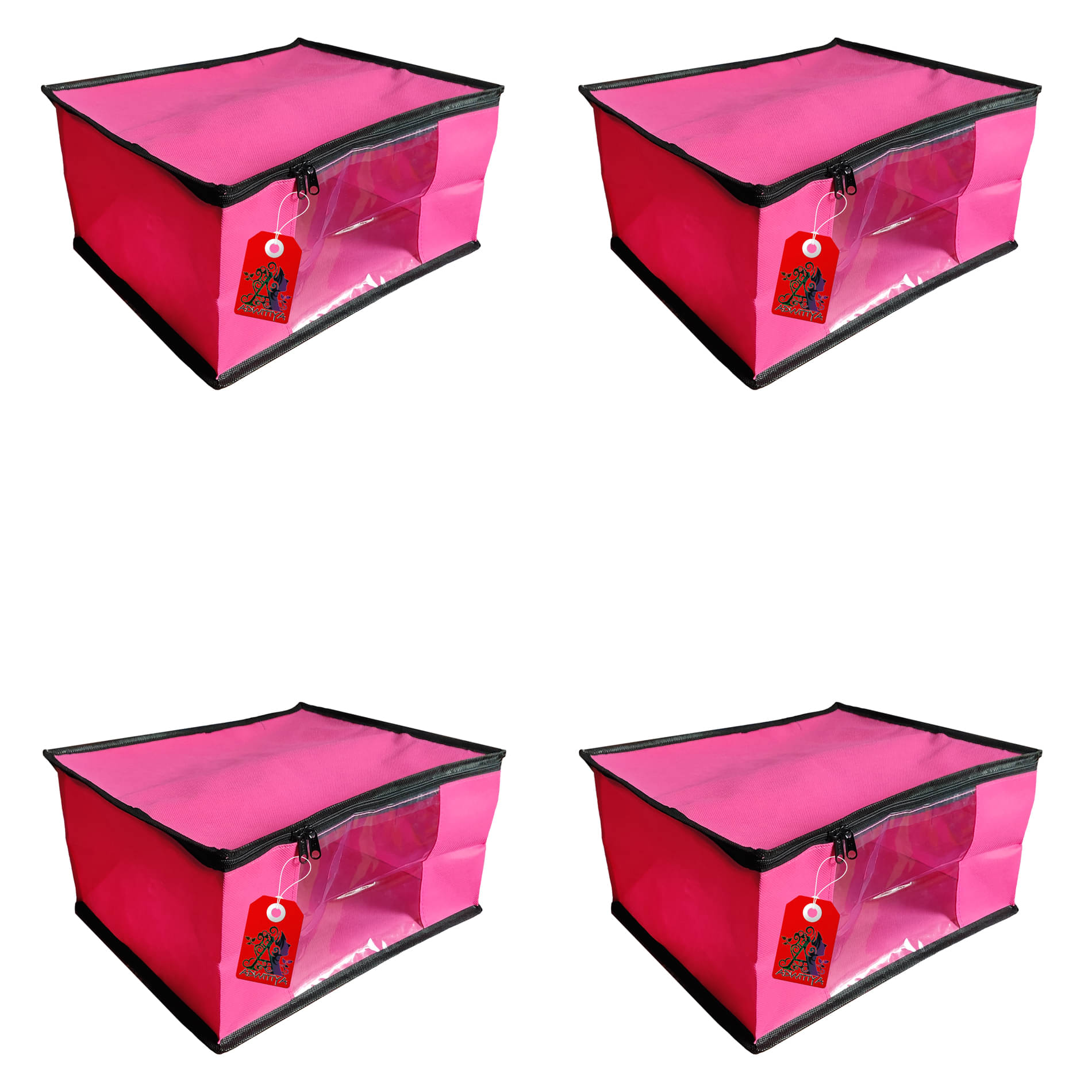 ADWITIYA – Set of 4 – Black Border Nonwoven Large Saree Cover / Organizer For Clothes / Garment Storage Bag With Zip - Pink ADWITIYA – Set of 4 – Black Border Nonwoven Large Saree Cover / Organizer For Clothes / Garment Storage Bag With Zip - Pink