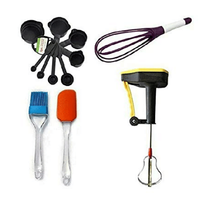     			Blooms Mall 8 Pieces Measuring Spoon and Cup Set, Silicone Oil Brush, Spatula Set, Egg Beater and Manual Hand Blender