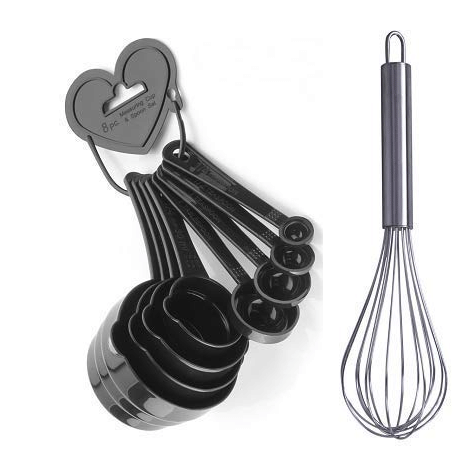     			Blooms Mall Plastic Measuring Spoon Set of 8 pcs (Black ) with Stainless Steel Hand Egg Whisker