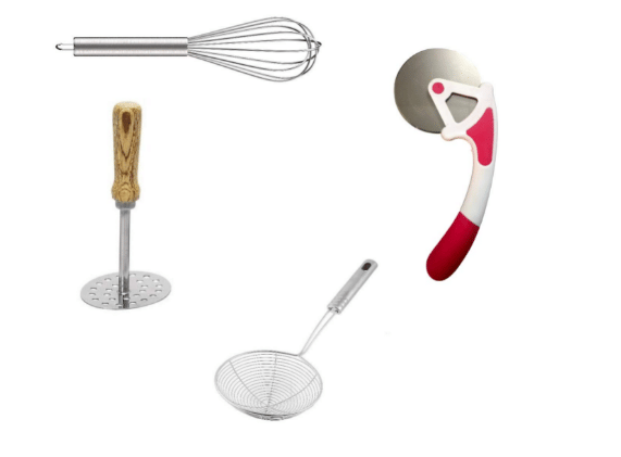     			Blooms Mall Potato  Masher ( wooden ) , Egg Whisk and Deep Fry Strainer and Pizza Cutter