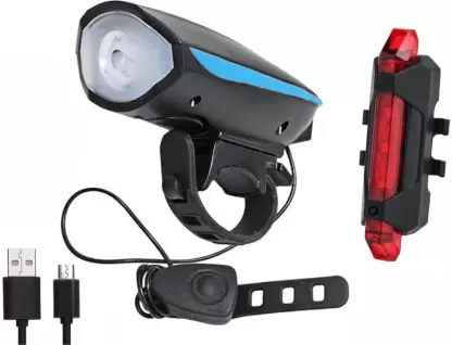    			Protos India.Net Cycle Front Light & Horn With Tail Red Light USB Rechargeable (Combo) LED Front Rear Light Combo (Black)