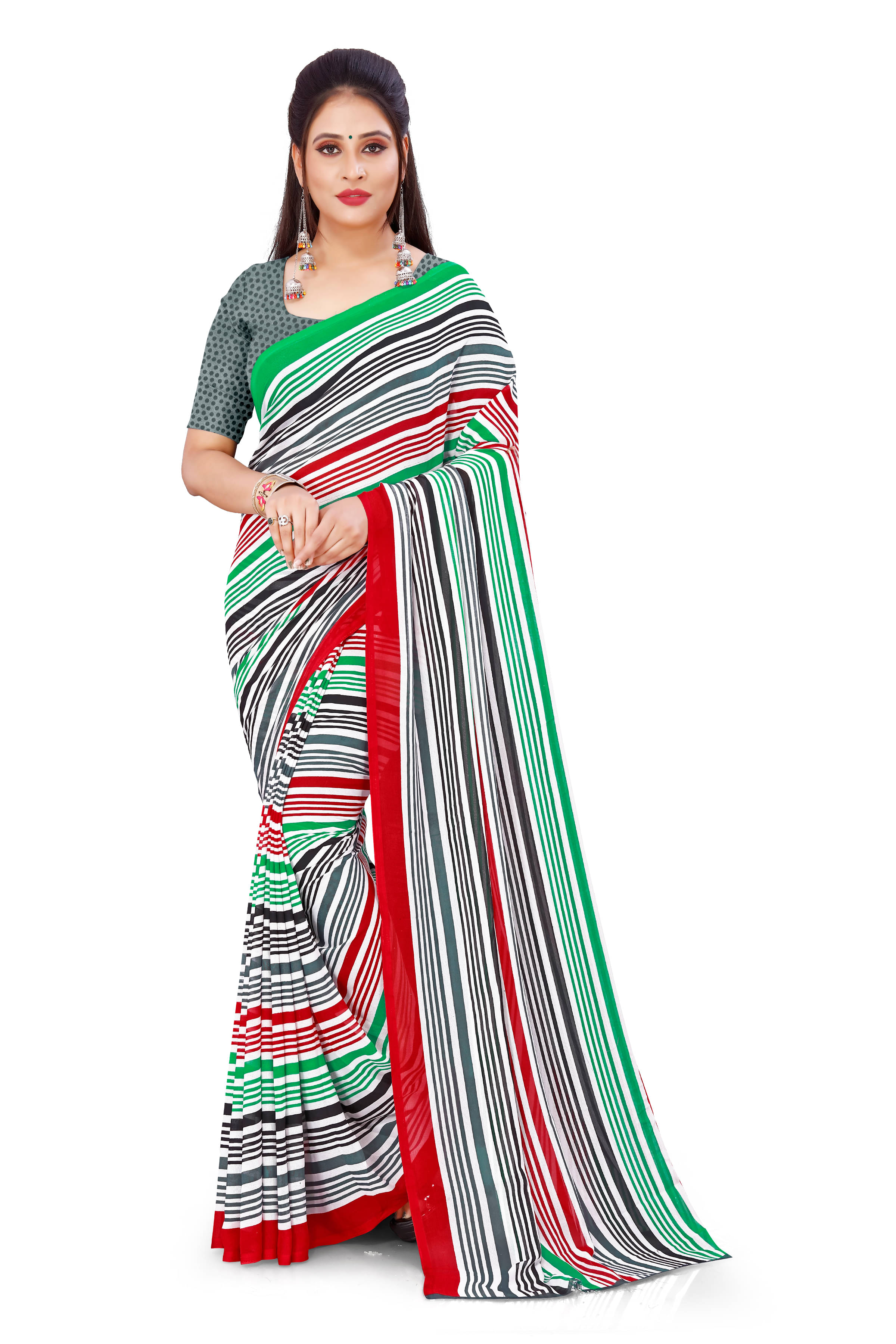     			ANAND SAREES Georgette Striped Saree With Unstitched Blouse Piece ( Green )