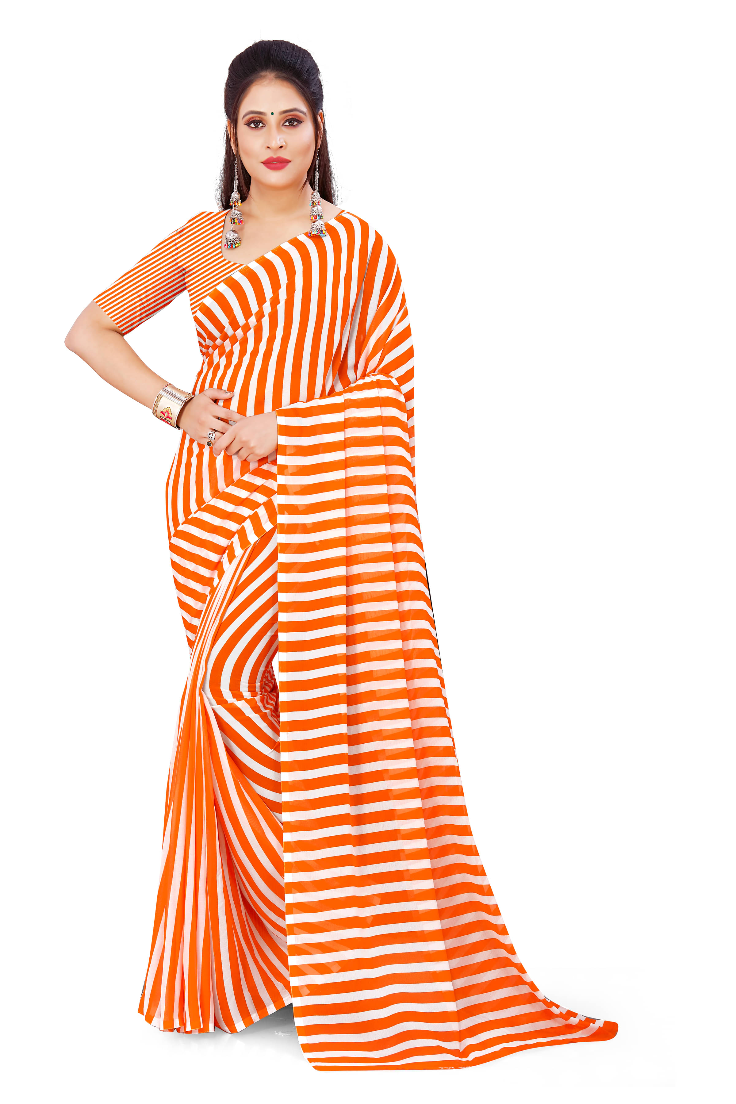 ANAND SAREES Georgette Striped Saree With Unstitched Blouse Piece ( Orange ) ANAND SAREES Georgette Striped Saree With Unstitched Blouse Piece ( Orange )