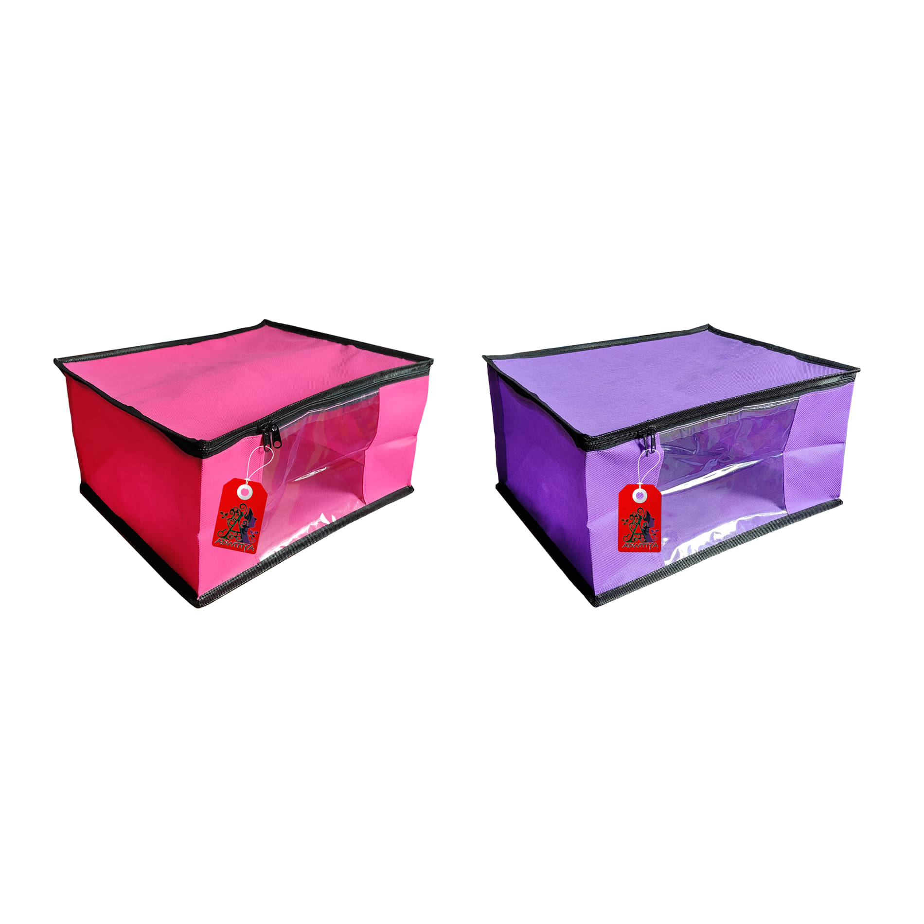     			ADWITIYA – Set of 2 – Black Border Nonwoven Large Saree Cover / Organizer For Clothes / Garment Storage Bag With Zip - Pink & Purple