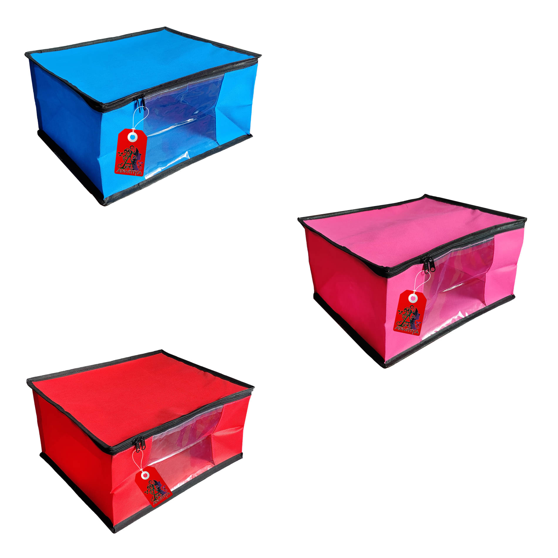 ADWITIYA – Set of 3 – Black Border Nonwoven Large Saree Cover / Organizer For Clothes / Garment Storage Bag With Zip - Blue Pink & Red ADWITIYA – Set of 3 – Black Border Nonwoven Large Saree Cover / Organizer For Clothes / Garment Storage Bag With Zip - Blue Pink & Red