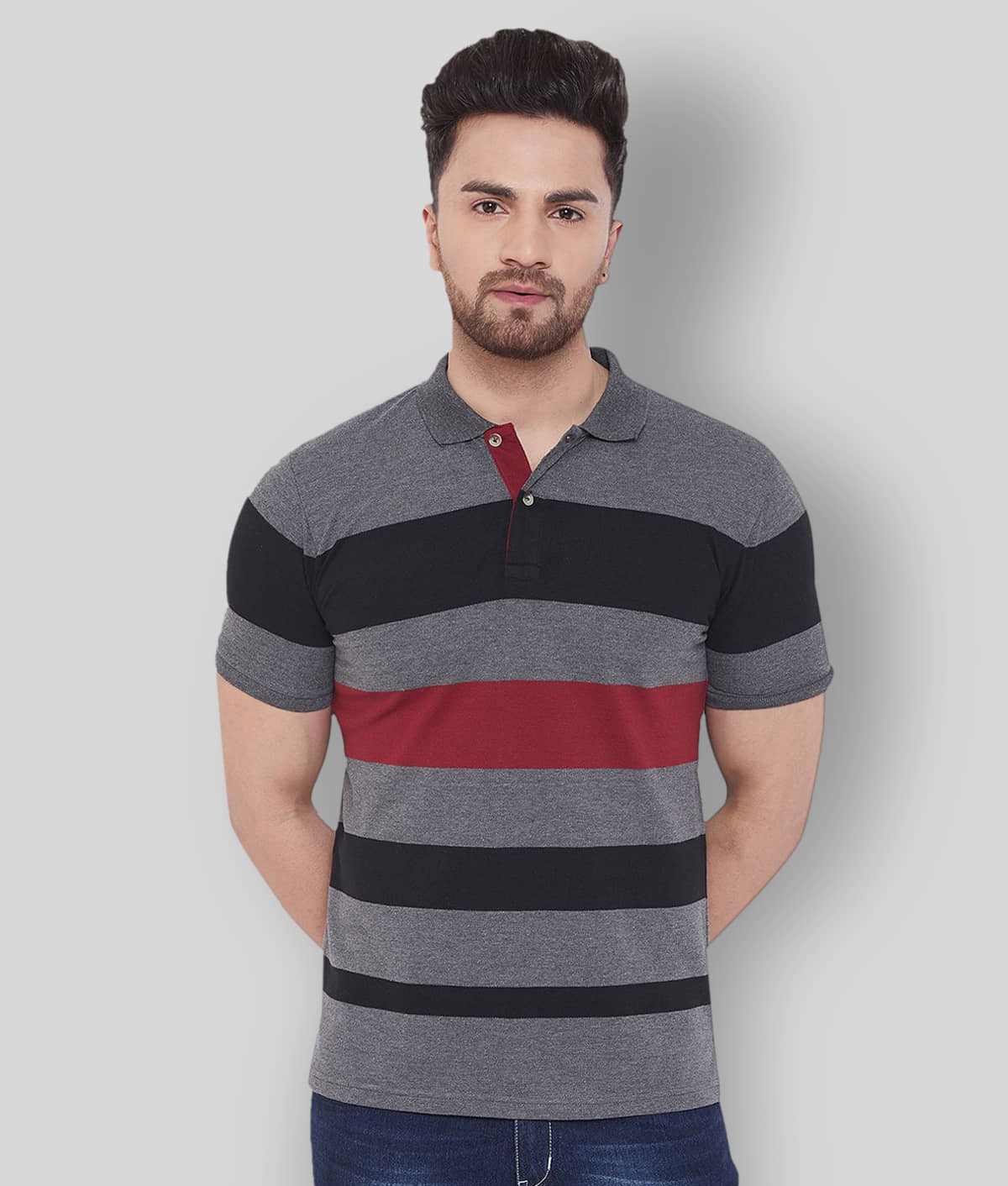 AUSTIN WOOD Pack of 1 Cotton Regular Fit Striped Half Sleeves Men's Polo T Shirt ( Grey )