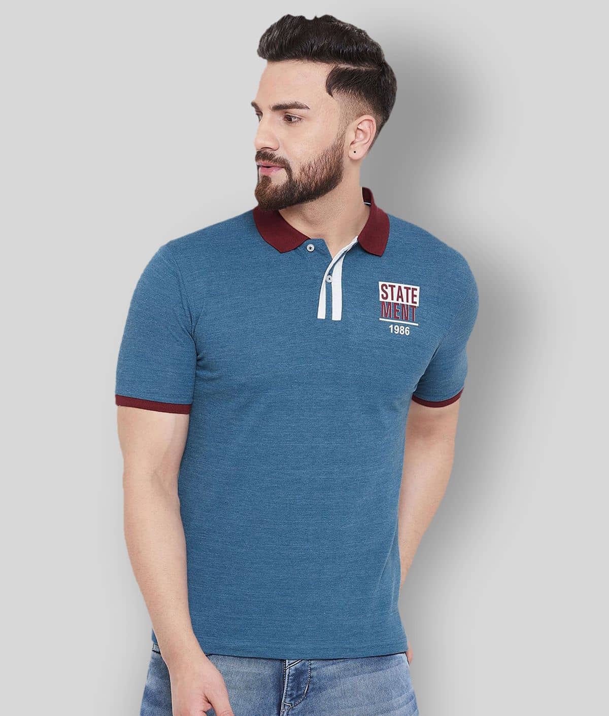 AUSTIN WOOD Pack of 1 Cotton Blend Regular Fit Printed Half Sleeves Men's Polo T Shirt ( Blue )