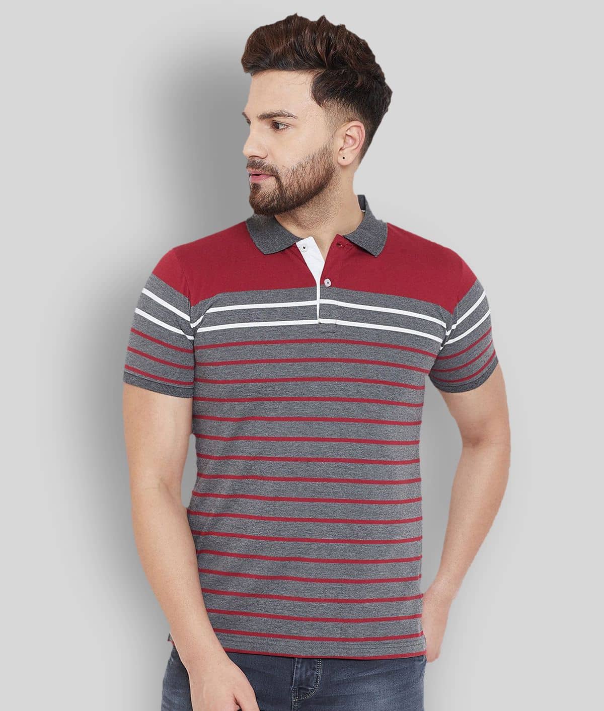 AUSTIN WOOD Pack of 1 Cotton Blend Regular Fit Striped Half Sleeves Men's Polo T Shirt ( Grey )