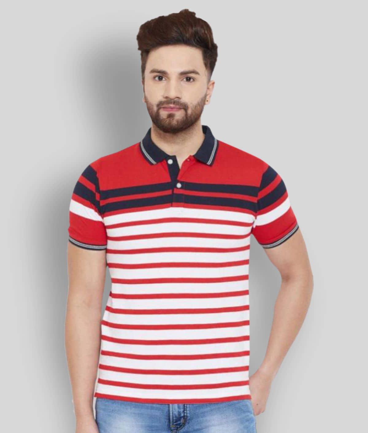AUSTIN WOOD Pack of 1 Cotton Blend Regular Fit Striped Half Sleeves Men's Polo T Shirt ( Multicolor )