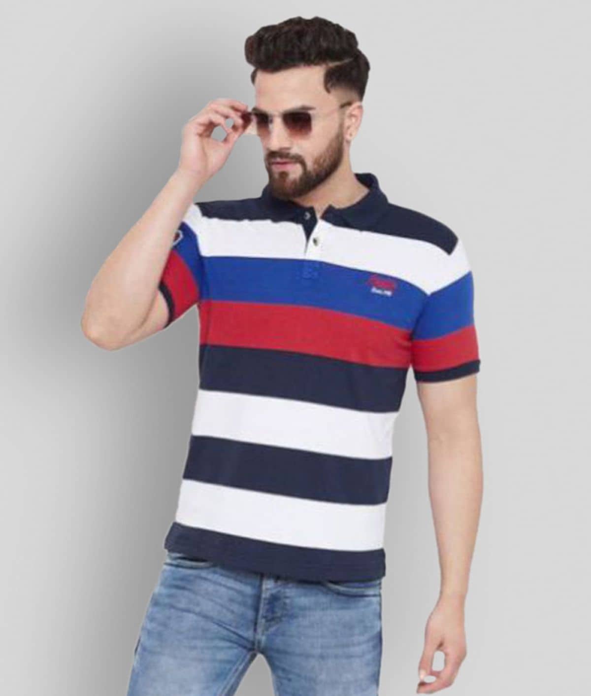 AUSTIN WOOD Pack of 1 Cotton Blend Regular Fit Striped Half Sleeves Men's Polo T Shirt ( Multicolor )