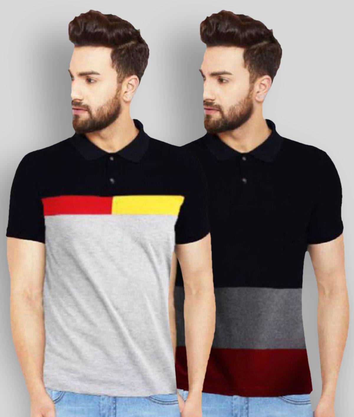 Leotude Pack of 2 Cotton Blend Regular Fit Colorblock Half Sleeves Men's Polo T Shirt ( Black ) Leotude Pack of 2 Cotton Blend Regular Fit Colorblock Half Sleeves Men's Polo T Shirt ( Black )