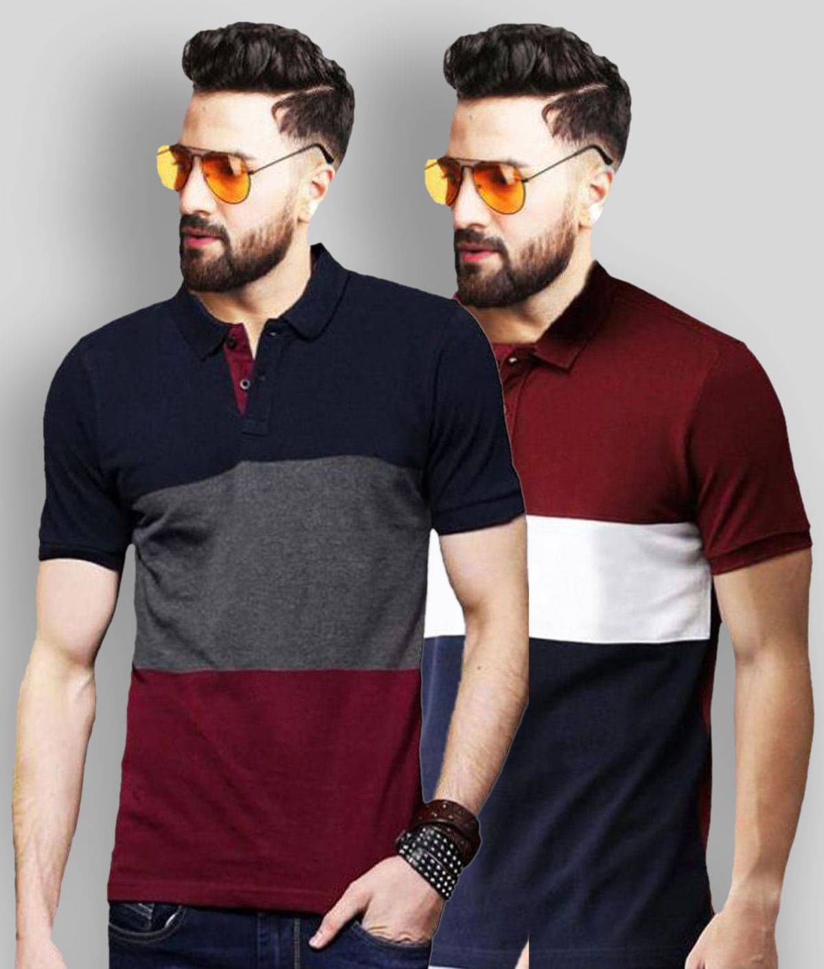     			Leotude Pack of 2 Cotton Blend Regular Fit Colorblock Half Sleeves Men's Polo T Shirt ( Silver )