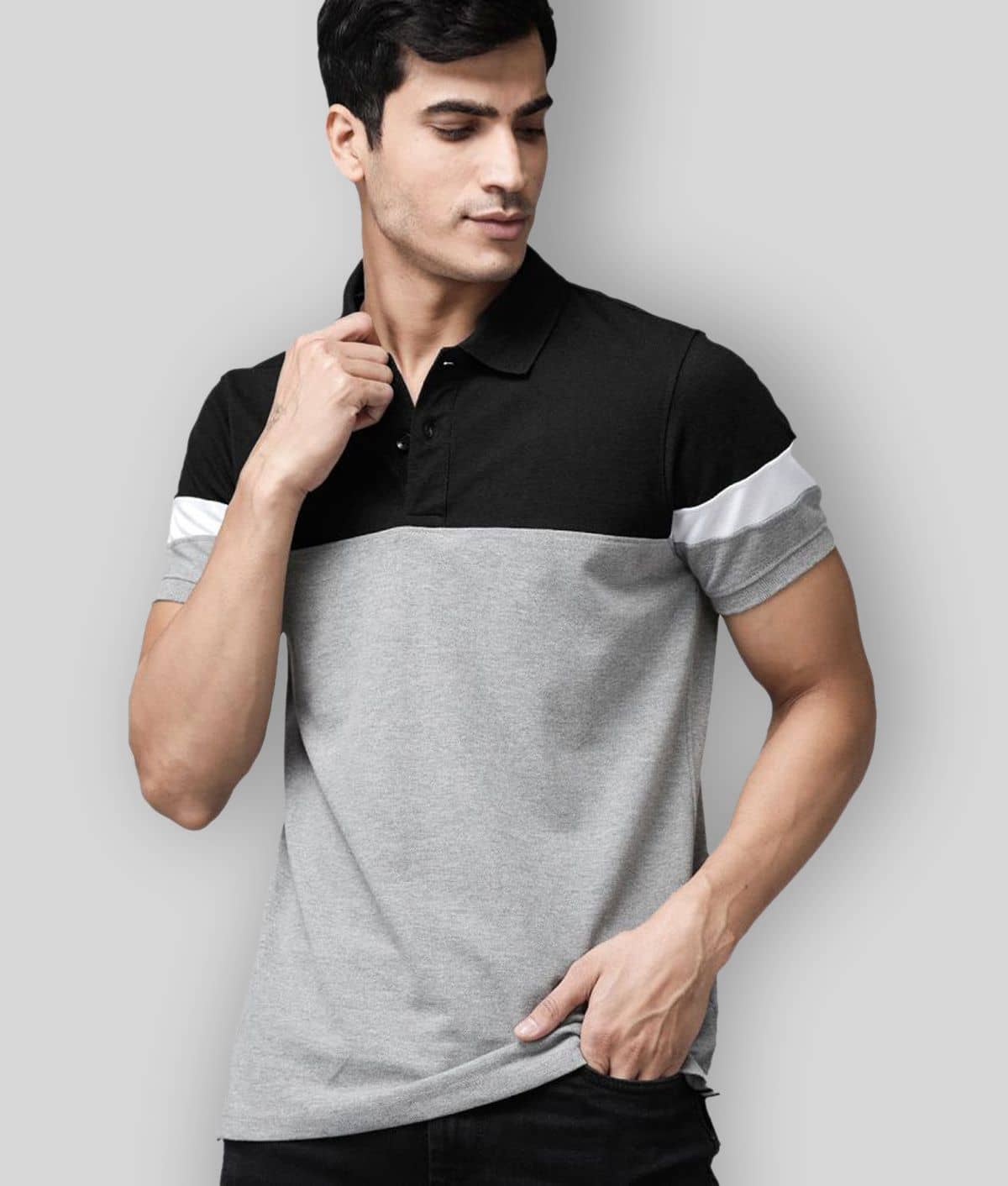 Leotude Pack of 1 Cotton Blend Regular Fit Colorblock Half Sleeves Men's Polo T Shirt ( Grey )