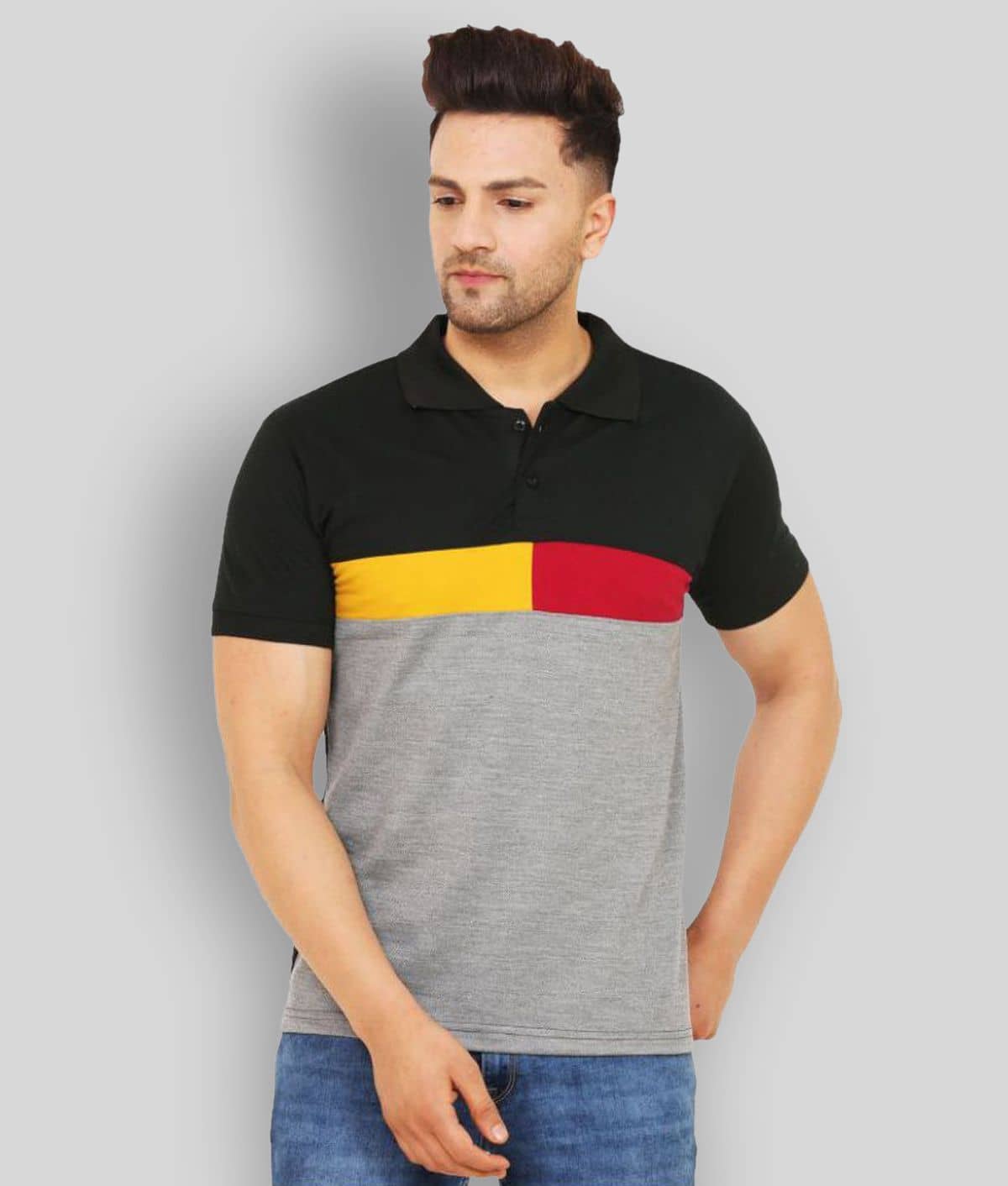 Leotude Pack of 1 Cotton Blend Regular Fit Colorblock Half Sleeves Men's Polo T Shirt ( Grey )