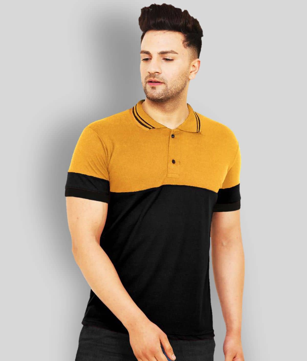 Leotude Pack of 1 Cotton Blend Regular Fit Colorblock Half Sleeves Men's Polo T Shirt ( Mustard )