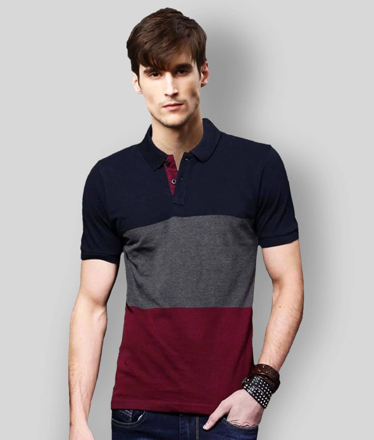 Leotude Pack of 1 Cotton Blend Regular Fit Colorblock Half Sleeves Men's Polo T Shirt ( Navy )