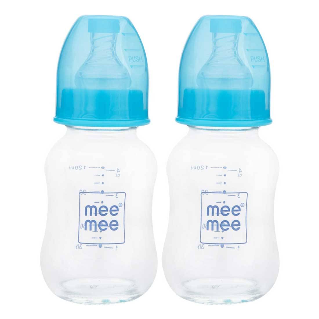 Mee Mee Premium Glass Feeding Bottle (Blue, Pack of 2) (120 ml)     			Mee Mee Premium Glass Feeding Bottle (Blue, Pack of 2) (120 ml)