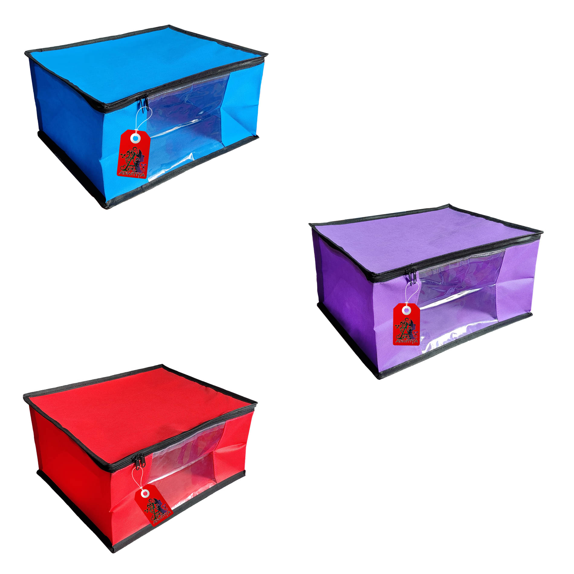 ADWITIYA – Set of 3 – Black Border Nonwoven Large Saree Cover / Organizer For Clothes / Garment Storage Bag With Zip - Blue Purple & Red ADWITIYA – Set of 3 – Black Border Nonwoven Large Saree Cover / Organizer For Clothes / Garment Storage Bag With Zip - Blue Purple & Red