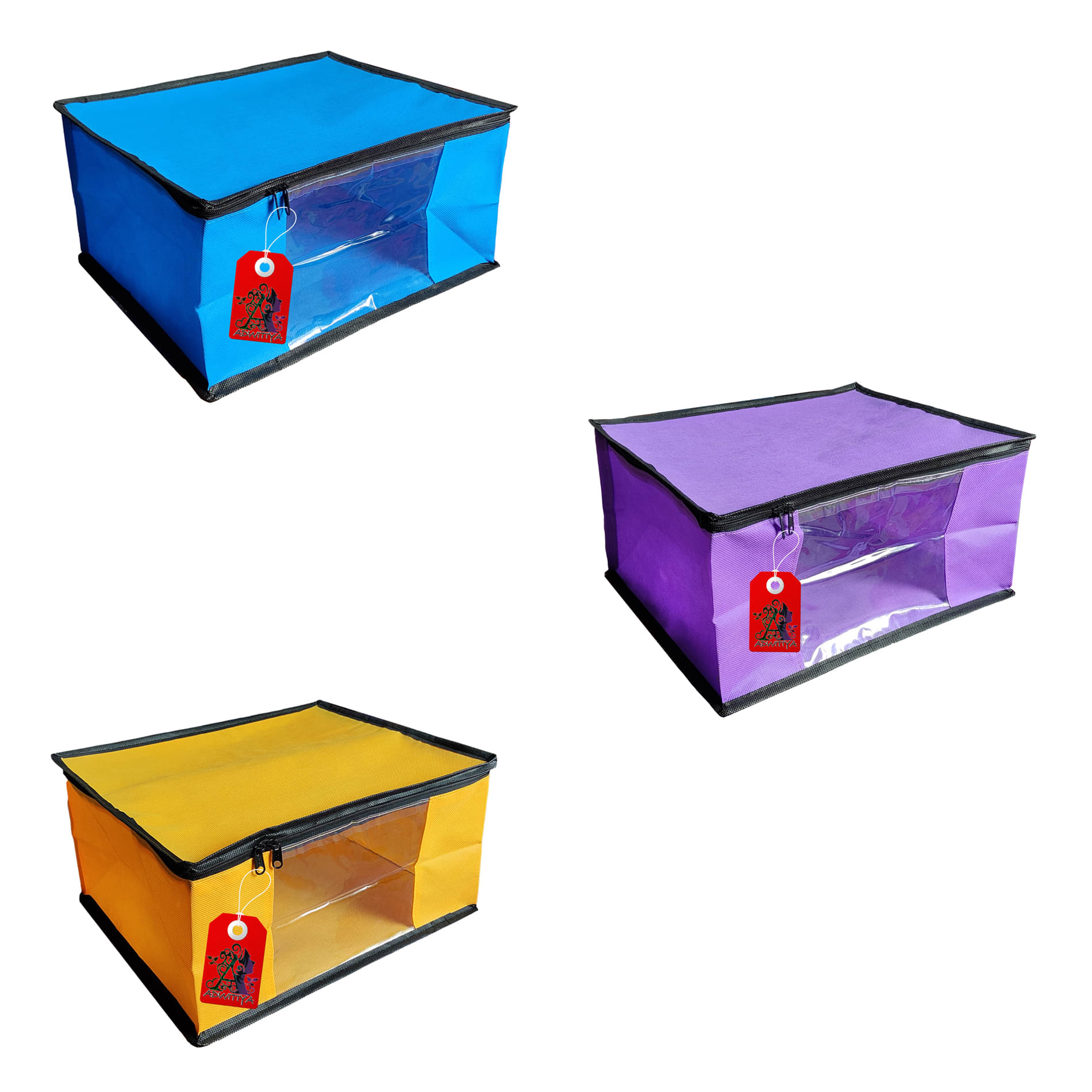 ADWITIYA – Set of 3 – Black Border Nonwoven Large Saree Cover / Organizer For Clothes / Garment Storage Bag With Zip - Blue Purple & Yellow ADWITIYA – Set of 3 – Black Border Nonwoven Large Saree Cover / Organizer For Clothes / Garment Storage Bag With Zip - Blue Purple & Yellow