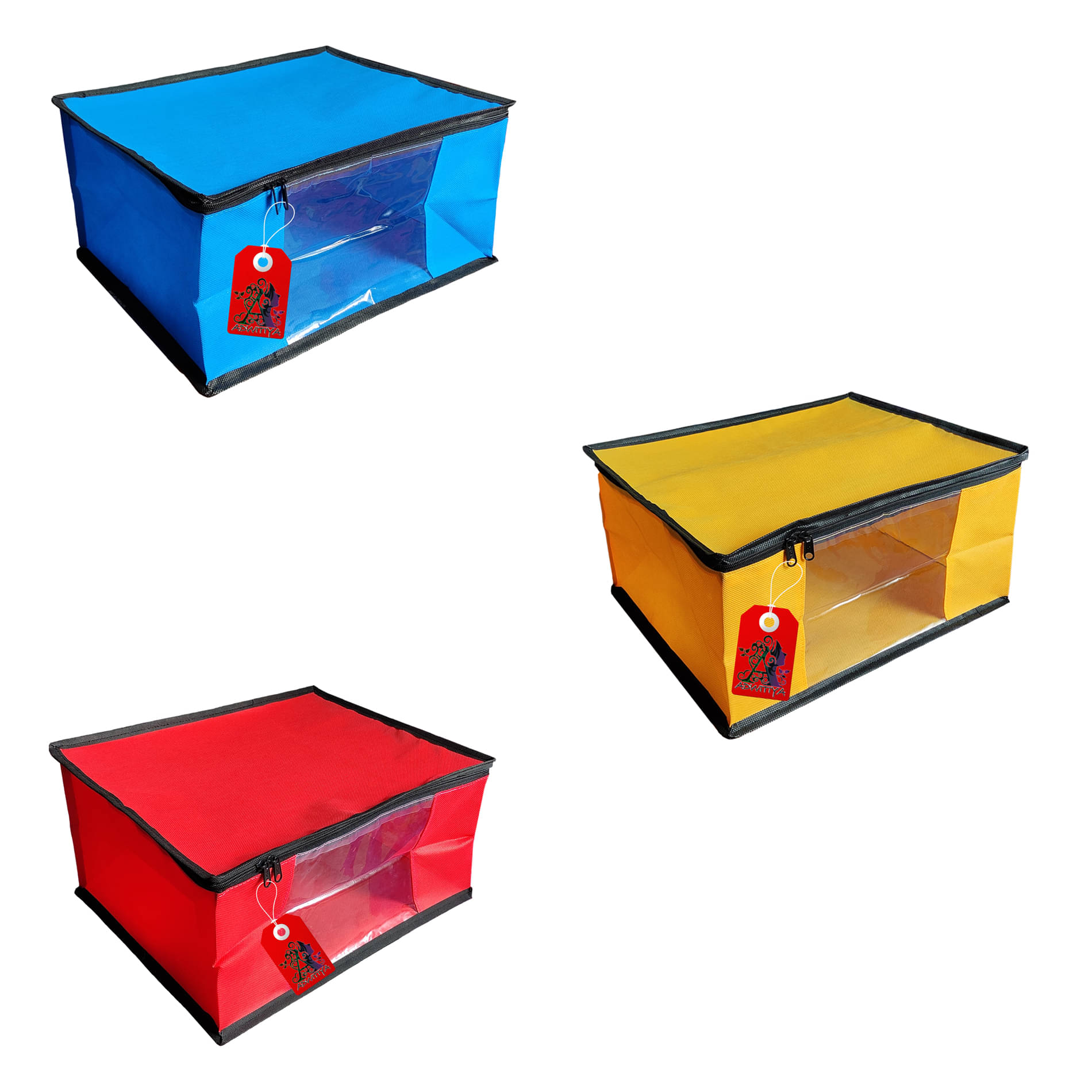     			ADWITIYA – Set of 3 – Black Border Nonwoven Large Saree Cover / Organizer For Clothes / Garment Storage Bag With Zip - Blue Yellow & Red