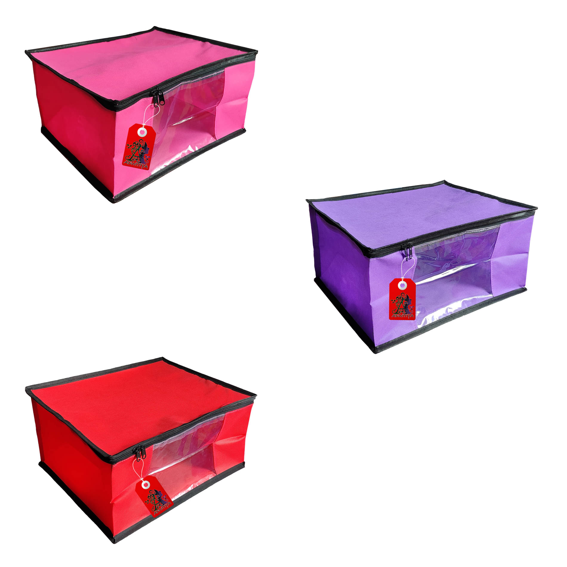 ADWITIYA – Set of 3 – Black Border Nonwoven Large Saree Cover / Organizer For Clothes / Garment Storage Bag With Zip - Pink Purple & Red ADWITIYA – Set of 3 – Black Border Nonwoven Large Saree Cover / Organizer For Clothes / Garment Storage Bag With Zip - Pink Purple & Red