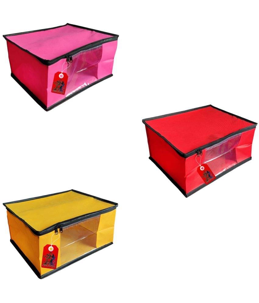 ADWITIYA – Set of 3 – Black Border Nonwoven Large Saree Cover / Organizer For Clothes / Garment Storage Bag With Zip - Pink Red & Yellow ADWITIYA – Set of 3 – Black Border Nonwoven Large Saree Cover / Organizer For Clothes / Garment Storage Bag With Zip - Pink Red & Yellow