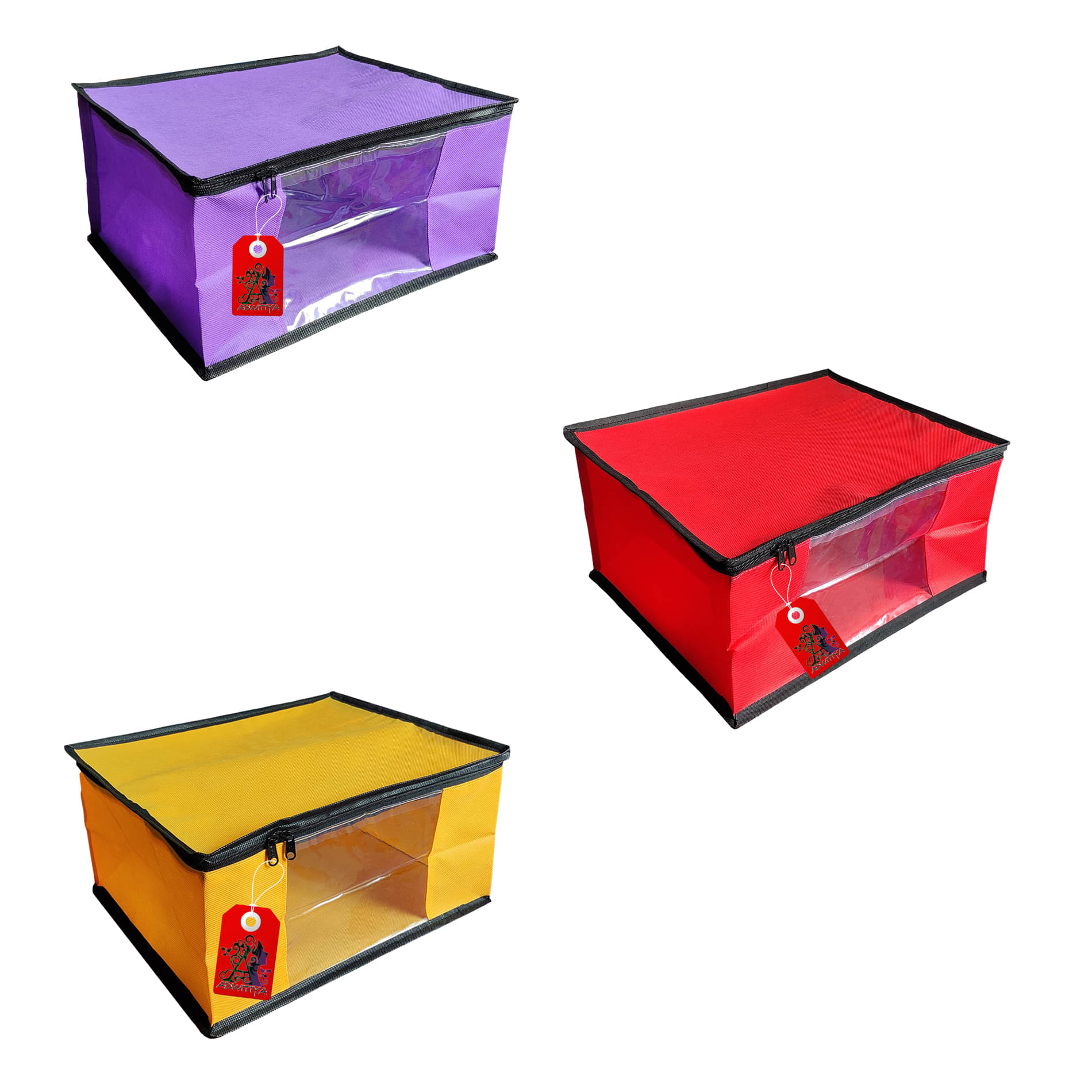ADWITIYA – Set of 3 – Black Border Nonwoven Large Saree Cover / Organizer For Clothes / Garment Storage Bag With Zip - Purple Red & Yellow ADWITIYA – Set of 3 – Black Border Nonwoven Large Saree Cover / Organizer For Clothes / Garment Storage Bag With Zip - Purple Red & Yellow
