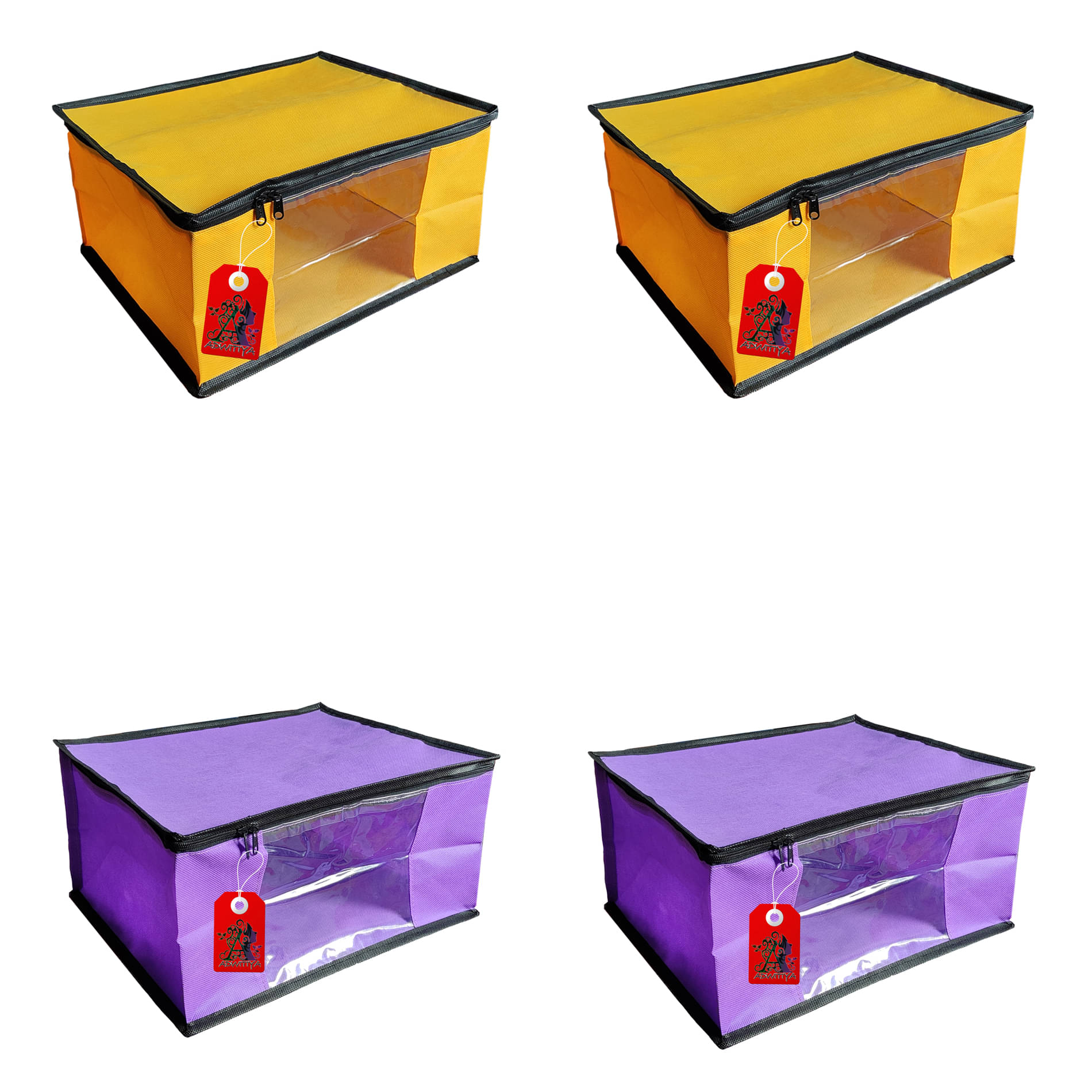 ADWITIYA – Set of 4 – Black Border Nonwoven Large Saree Cover / Organizer For Clothes / Garment Storage Bag With Zip - Yellow & Purple ADWITIYA – Set of 4 – Black Border Nonwoven Large Saree Cover / Organizer For Clothes / Garment Storage Bag With Zip - Yellow & Purple