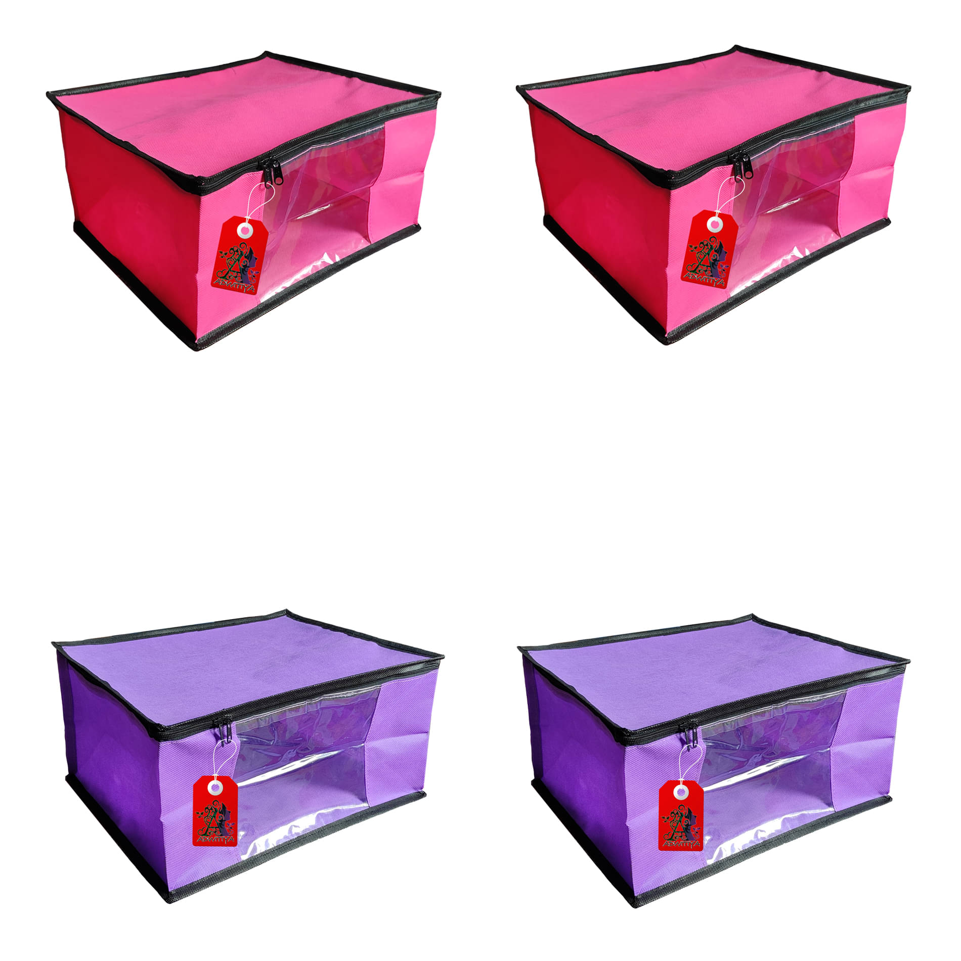     			ADWITIYA – Set of 4 – Black Border Nonwoven Large Saree Cover / Organizer For Clothes / Garment Storage Bag With Zip - Pink & Purple