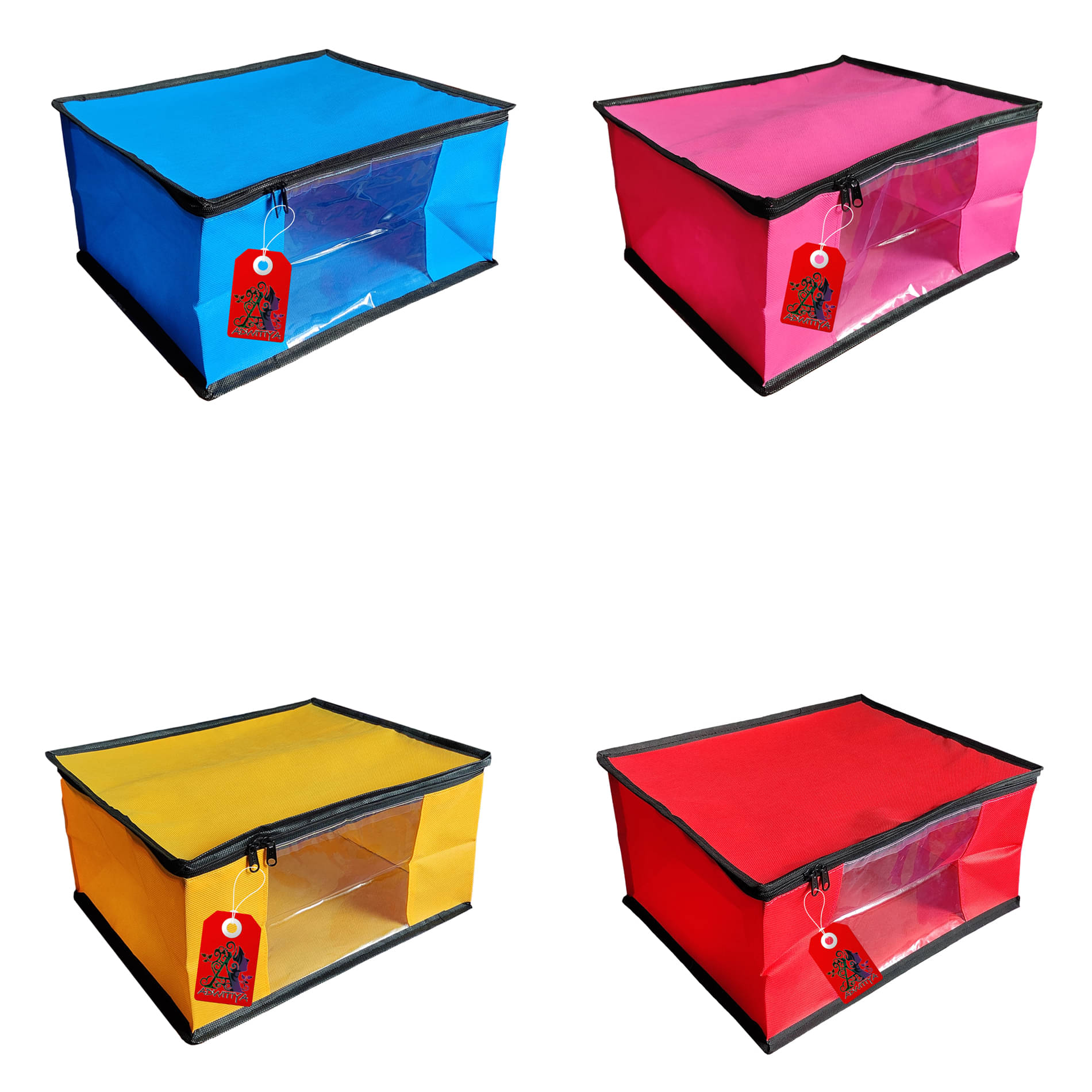     			ADWITIYA – Set of 4 – Black Border Nonwoven Large Saree Cover / Organizer For Clothes / Garment Storage Bag With Zip - Blue Pink Yellow & Red