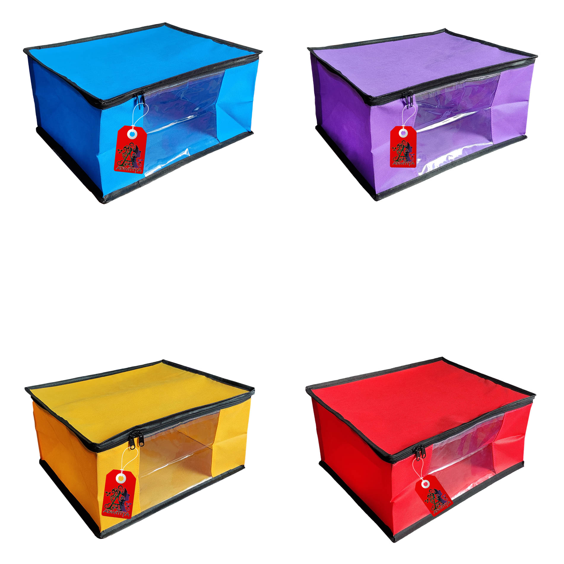 ADWITIYA – Set of 4 – Black Border Nonwoven Large Saree Cover / Organizer For Clothes / Garment Storage Bag With Zip - Blue Purple Yellow & Red ADWITIYA – Set of 4 – Black Border Nonwoven Large Saree Cover / Organizer For Clothes / Garment Storage Bag With Zip - Blue Purple Yellow & Red