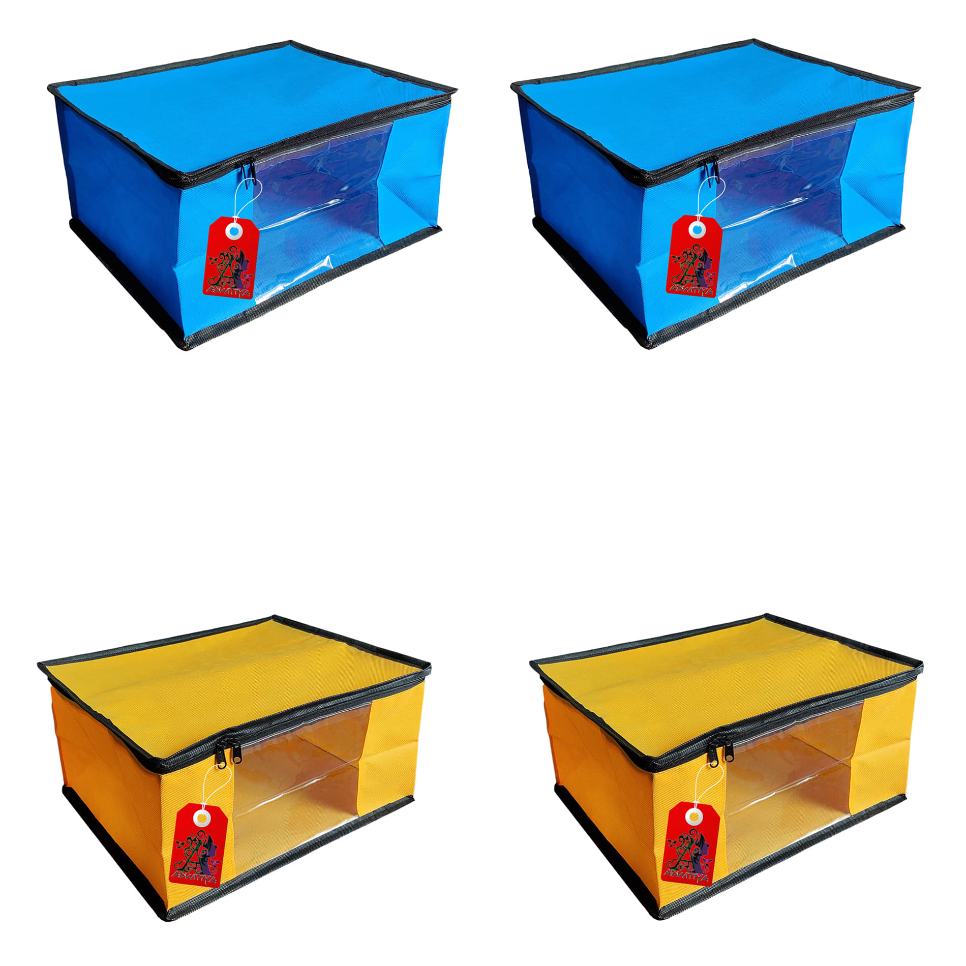 ADWITIYA – Set of 4 – Black Border Nonwoven Large Saree Cover / Organizer For Clothes / Garment Storage Bag With Zip - Blue & Yellow     			ADWITIYA – Set of 4 – Black Border Nonwoven Large Saree Cover / Organizer For Clothes / Garment Storage Bag With Zip - Blue & Yellow