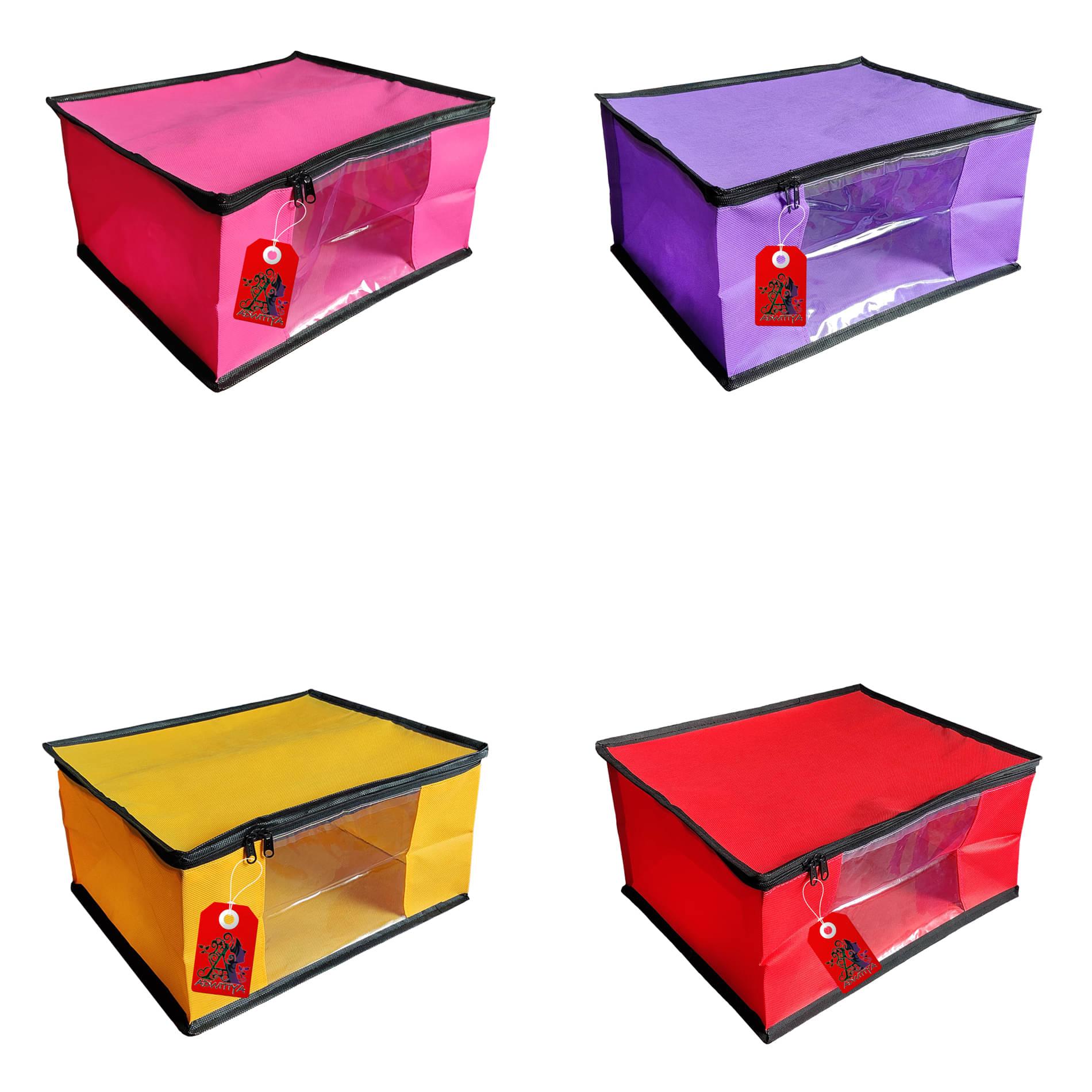 ADWITIYA – Set of 4 – Black Border Nonwoven Large Saree Cover / Organizer For Clothes / Garment Storage Bag With Zip - Pink Purple Yellow & Red ADWITIYA – Set of 4 – Black Border Nonwoven Large Saree Cover / Organizer For Clothes / Garment Storage Bag With Zip - Pink Purple Yellow & Red