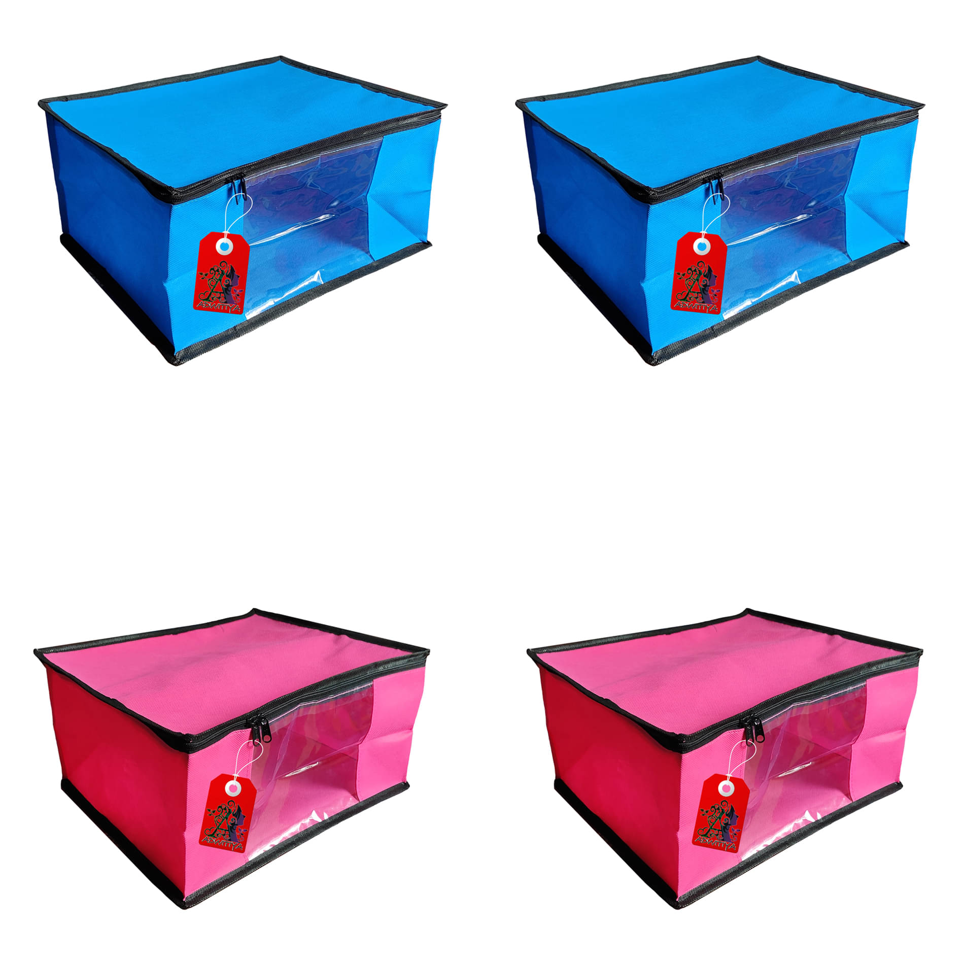     			ADWITIYA – Set of 4 – Black Border Nonwoven Large Saree Cover / Organizer For Clothes / Garment Storage Bag With Zip - Blue & Pink