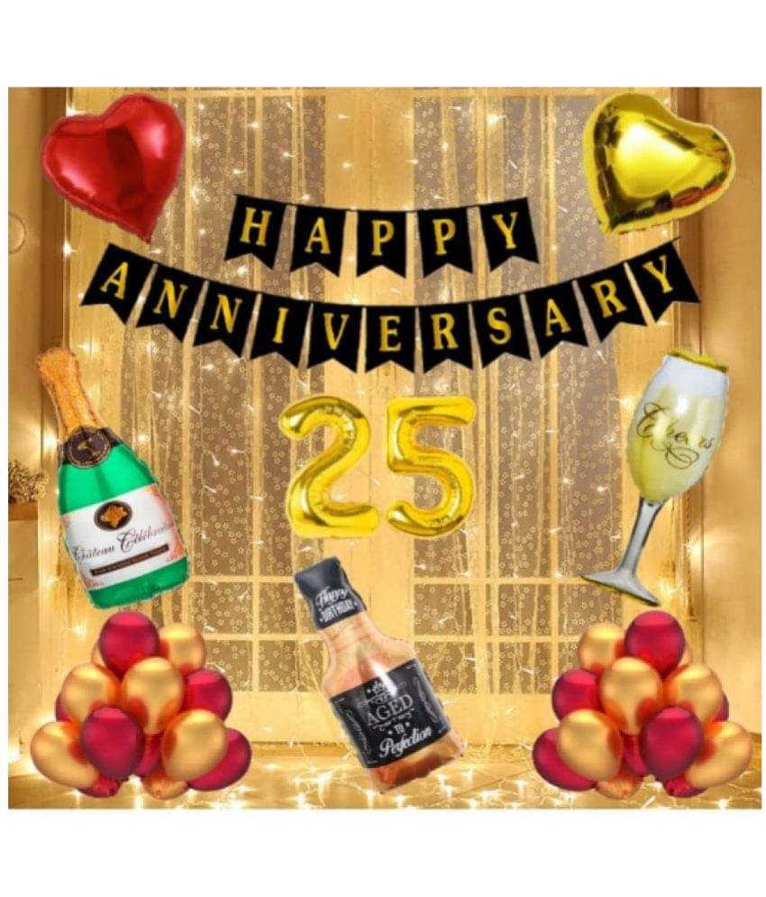     			Blooms  Mall  1 set Happy Anniversary  Banner ), 25 No. Foil Number Golden + Green Bottle foil + 1 pc Aged to Perfection  1 bottle foil  Balloon   . Green  + 1 pc Aged to Perfection 1 Whiskey  Foil Balloon
