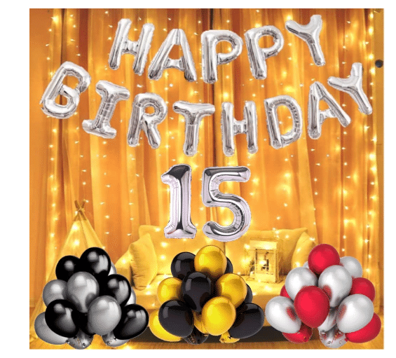     			Blooms  Mall  1 set Happy Birthday Foil (silver  Color),, 40 Pcs Metallic Balloons (Golden +Black+Silver+Red ),15 No. Foil Number Silver